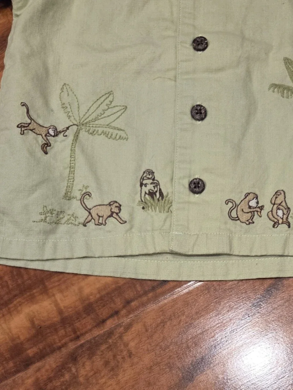 Janie and Jack EUC 0-3 Months Green Linen Button-Up Shirt with Monkey Embroidery